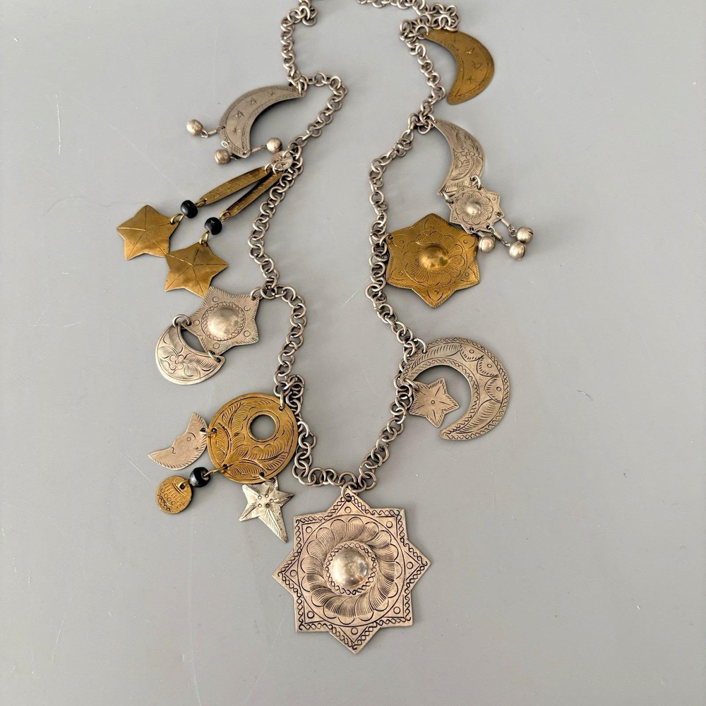 Vintage Artisan Celestial Charm Necklace Mixed Metals Sun Moon Stars Mixed Metal